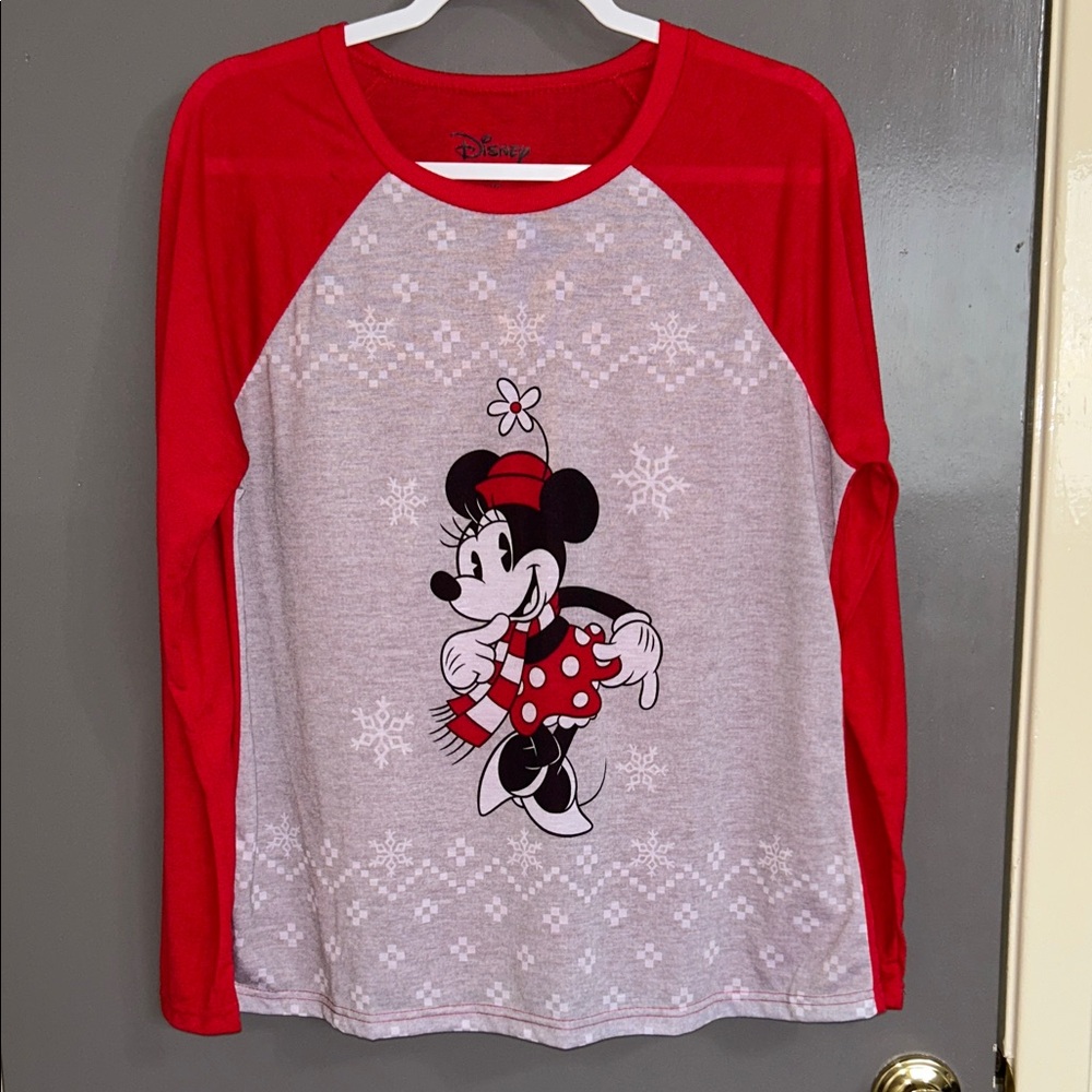 Disney Red & Gray Minnie Mouse Holiday Raglan Long Sleeve Tee Large